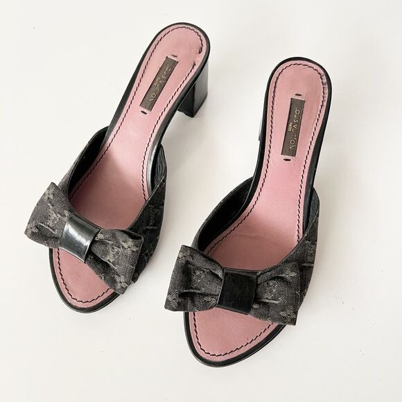 Vintage Y2K Louis Vuitton Monogram Logo Print Block Heel Mules Bow Slides Size 6 - Picture 2 of 11